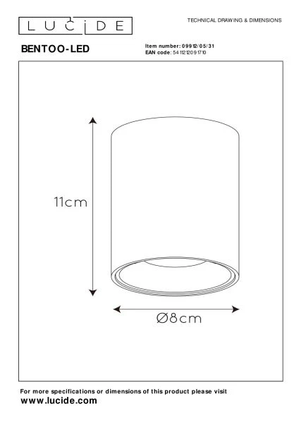 Lucide BENTOO-LED - Spot plafond - Ø 8 cm - LED Dim. - GU10 - 1x5W 3000K - Blanc - technique